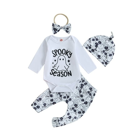 

Newborn Baby Boys Girls Halloween Outfits Spooky Season Ghost Print Long Sleeve Rompers + Floral Pants Hat Headband 4Pcs Fall Clothes Set