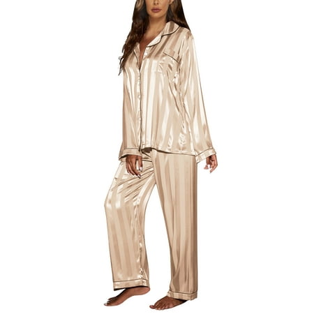 Frontwalk Ladies Casual Lapel Nightwear With Pocket Baggy Pajamas Sets Striped Home Clothes Lounge Set Champagne M
Frontwalk Ladies Casual Lapel Nightwear With Pocket Baggy Pajamas Sets Striped Home Clothes Lounge Set Champagne M