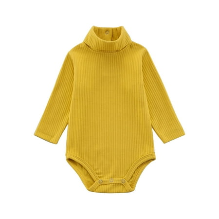 ZCFZJW Winter Newborn Baby Boy Girl Clothes Cute Ribbed Turtlneck Jumpsuit Rompers Unisex Infant Solid Cotton Button Long Sleeve Sweater Tops(Yellow 9-12 Months)