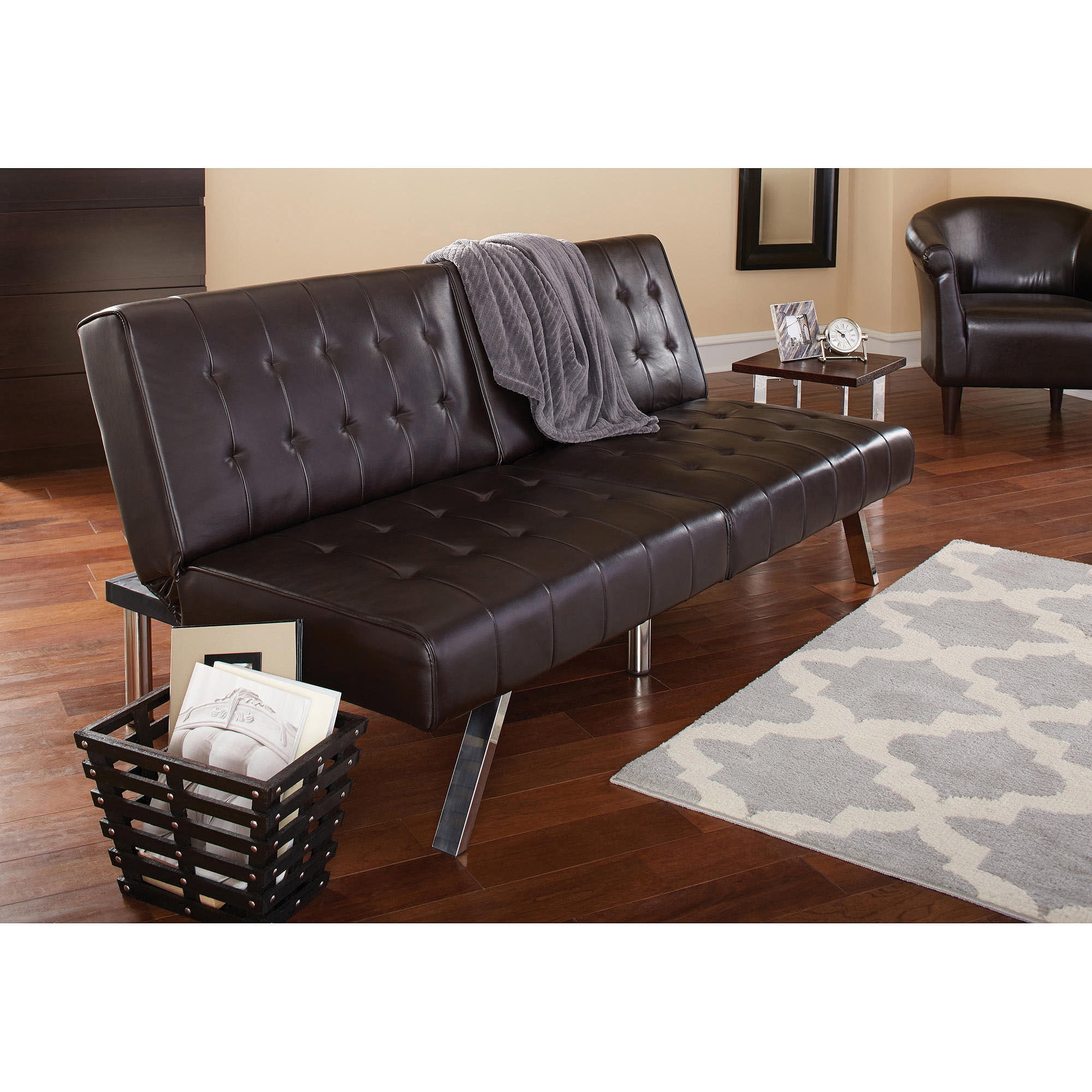 Mainstays Morgan Faux Leather Tufted Convertible Futon Brown
