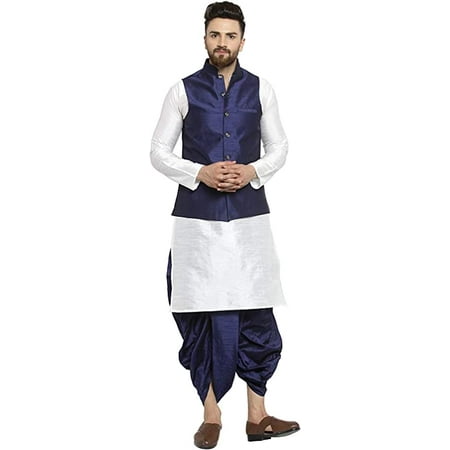 Royal Kurta Men s Silk Blend Kurta Dhoti & Nehru Jacket Set (42 White-navy1)