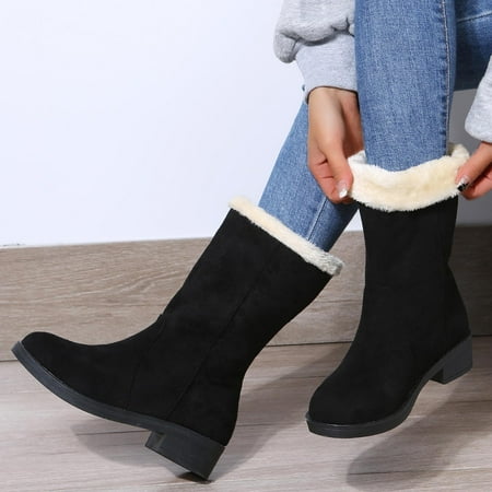 Women Fashion Boots Double Dressed Shoes Casual Warm Low Heels Mid-calf Boots