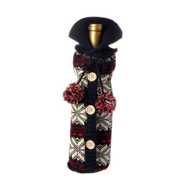 11" Alpine Chic Black, Cream and Red Snowflake Nordic Design Knit Christmas Wine Bottle Cover