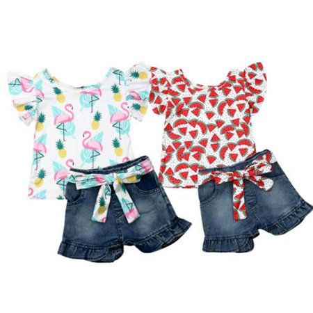 Toddler Kids Baby Girls Sleeveless Cartoon Ruffles Tops T-shirt Denim Pants Shorts Outfits Set Clothes
