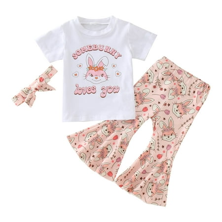 

LBECLEY Girls Baby Outfits Kids Toddler Baby Girls Spring Summer Easter Bunny Print Cotton Short Sleeve Tops Long Pants Bell Bottom Headbands Outfits Clothes Girls Shirts Size 8 White 100