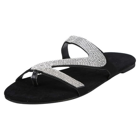 Cglfd Women S Casual Solid Crystal Roman Plus-Size Flat Slippers Sandals Shoes
