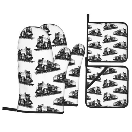 Oven Mitts and Pot Holders Sets 4 pcs - Vintage Train Pattern Heat Resistant Silicone Oven Gloves with Non-Slip Silicone Surface and hot pads for kitchen Baking Cooking BBQ
Oven Mitts and Pot Holders Sets 4 pcs - Vintage Train Pattern Heat Resistant Silicone Oven Gloves with Non-Slip Silicone Surface and hot pads for kitchen Baking Cooking BBQ