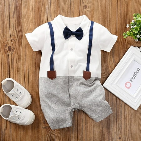 

PatPat Baby Boys Formal Suit Romper Faux Suspenders Short Sleeve Bowtie Jumpsuit for Wedding Tuxedo Special Occasion Outfits Clothes Gentleman Overalls Newborn Bodysuit Romper with Snap 0-18 Month