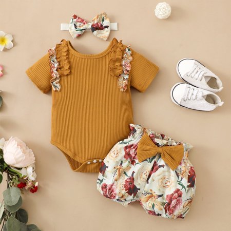 Youmylove Infant Girls Ruffles Short Sleeve Ribbed Romper Bodysuits Bowknot Floral Printed Shorts Headbands Newborn Outfits Casual Fashion Clothing Set