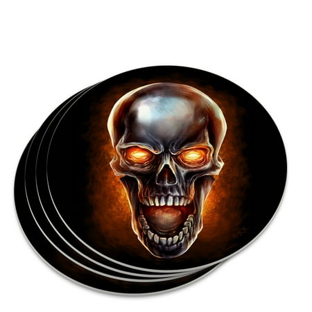 Chrome Metal Flaming Skull Novelty Coaster Set