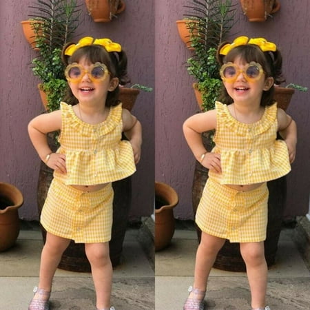 Infant Baby Girl Kids Plaid Sleeveless Tops + Mini Skirt Sunsuit Clothes 2pcs