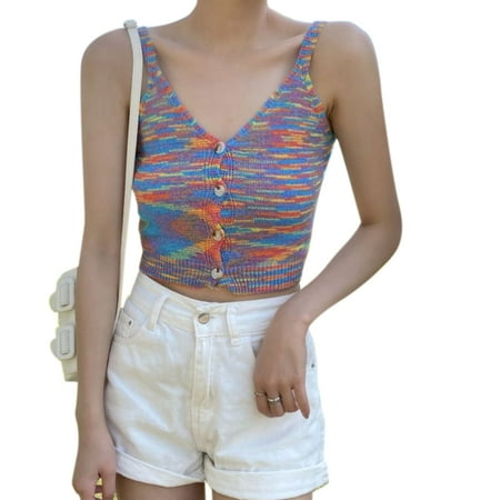 BOOYOU Women Spaghetti Strap Button Camisole Sexy V-Neck Colorful Striped Knit Crop Top
BOOYOU Women Spaghetti Strap Button Camisole Sexy V-Neck Colorful Striped Knit Crop Top