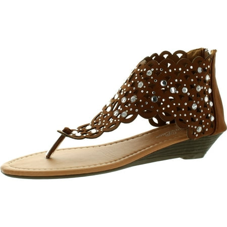 Luo Luo Womens Wedge Heel Sandals Brown Rhinestone Embellished Thongs