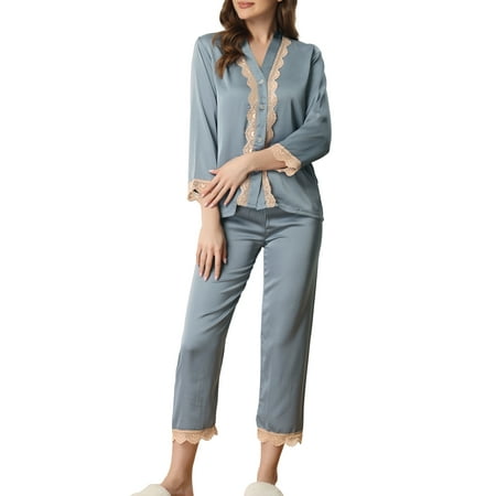 cheibear Womens Lace Trim Satin Long Sleeve Button Shirt and Pants Pajama Sets 
cheibear Womens Lace Trim Satin Long Sleeve Button Shirt and Pants Pajama Sets
