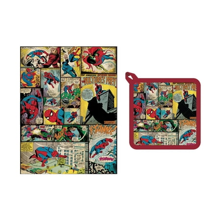 Marvel Spider-Man Retro Comic Book Style kitchen Dish Towel and Pot Holder Set