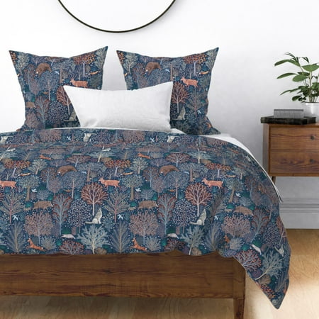 Woodland Animals Forest Rustic Fall Trees Sateen Duvet Cover by Roostery