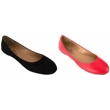 Shoes8teen 2 Pair Womens Round Toe Ballet Flats Black Micro/Red Pu 8