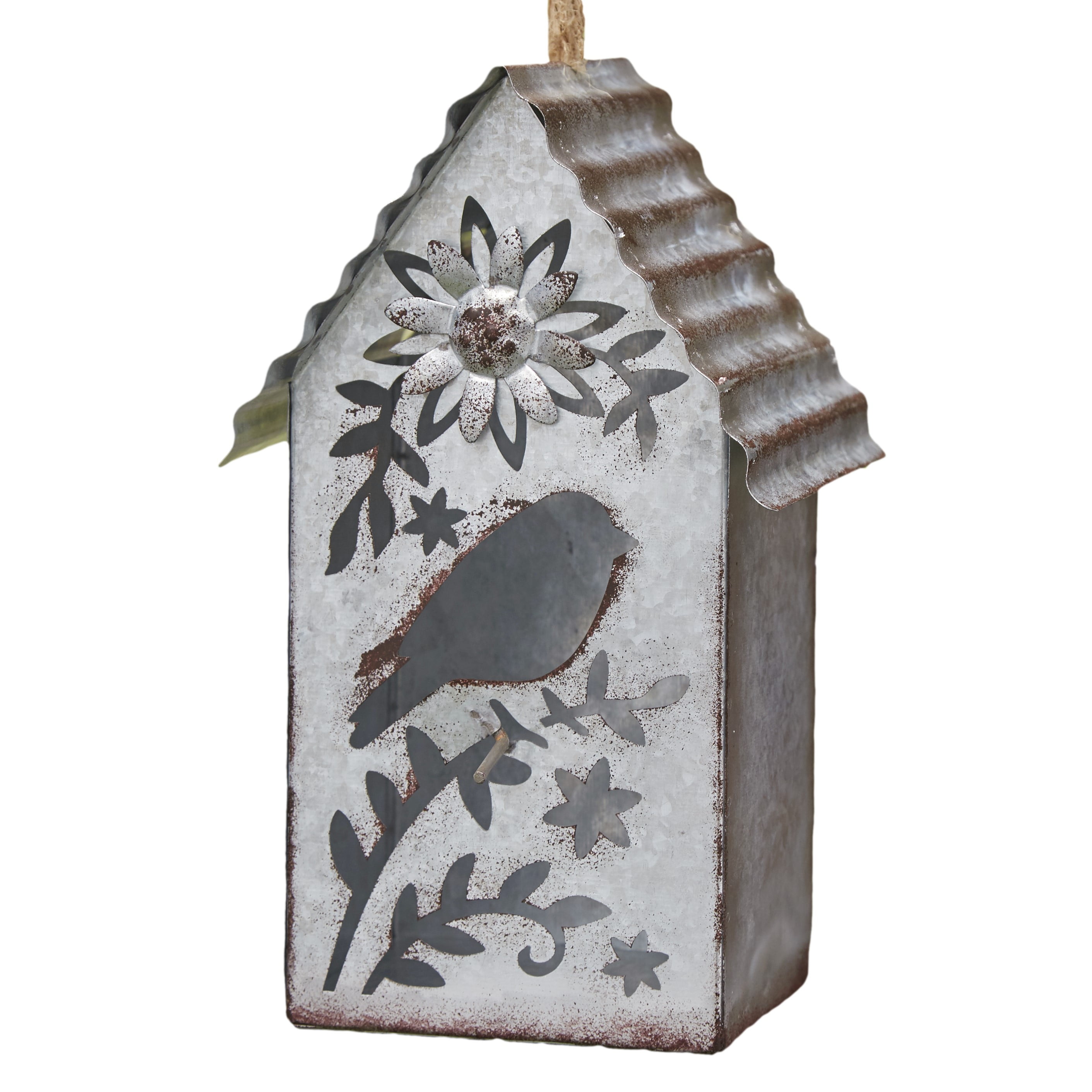 Galvanized Metal Birdhouse With Cutout Bird Detail Garden Accent