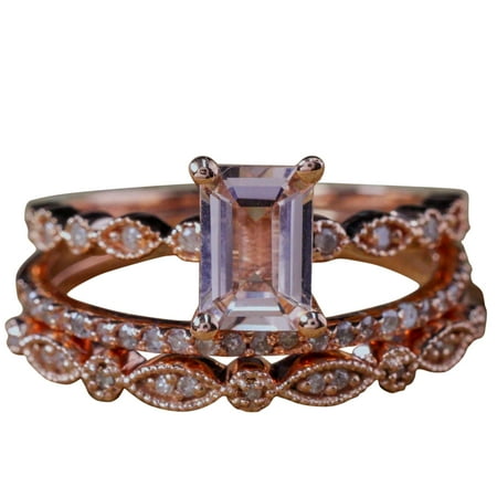 2 carat Real Morganite and Moissanite Trio Ring Set Engagement Ring with two matching bands Sterling Silver with 18k Gold Plating