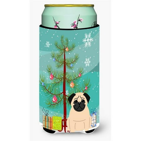 Merry Christmas Tree Pug Fawn Tall Boy Beverage Insulator Hugger