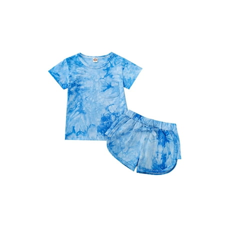 Pudcoco Kid Summer Sets Tie-dye Short Sleeve T-shirt Elastic Waist Shorts