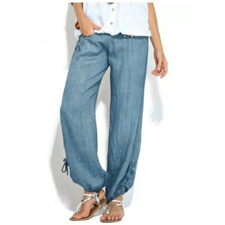 Yohome Fashion Women Solid Buttons Cotton And Linen Casual Loose Trouser Wide Leg