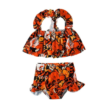 

Toddler Swimsuit Girl 2 Piece Size 90 For 18 Months-24 Months Summer Bowknot Orange Leaves Printed Ruffles Two Piece Swimwear Bikini Girls Bathing Suits High Waisted
