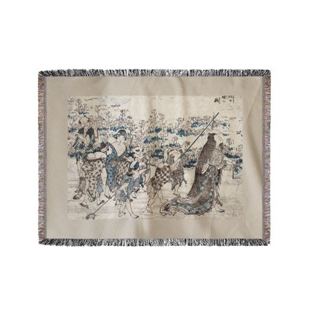 Crazy Woman Playing with Butterflies Japanese Wood-Cut Print (60x80 Woven Chenille Yarn Blanket)