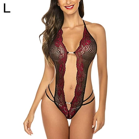 Women Sexy Halter Bodysuit Underwear Deep Lace V Floral Neck Lingerie