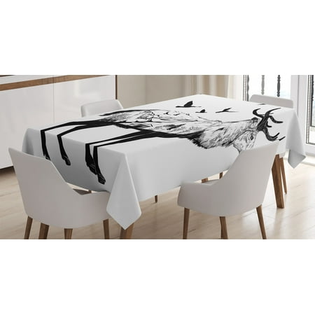 

Animal Decor Tablecloth Mountain and Cottage Scene in Hand Drawn Birds Countryside Wildlife Themed Rectangular Table Cover for Dining Room Kitchen 60 X 84 Inches Black White by Ambesonne