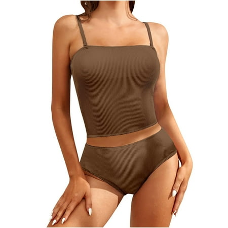 Finelylove 2 Piece Swimsuit For Women Lightly Lined Sport Bra Style Bikini Brown S