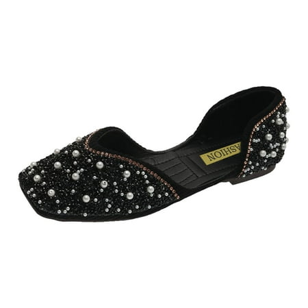 Summer Flat Shoes Women s Pearl Rhinestone Pointed Toe Gentle Peas Shoes