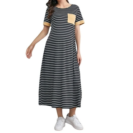 Awoscut Women s Summer A-line Pregnant Maternity Dress Short Sleeve Round Neck Loose Fit Striped Pregnancy Clothes (Black S)
Awoscut Women s Summer A-line Pregnant Maternity Dress Short Sleeve Round Neck Loose Fit Striped Pregnancy Clothes (Black S)
