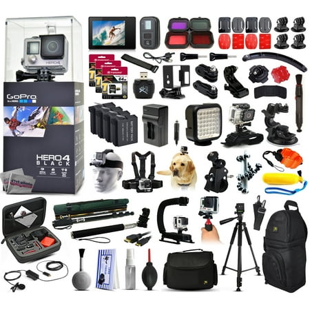 GoPro Hero 4 HERO4 Black Edition CHDHX-401 with 192GB Memory + LCD Display + Filters + 4 Batteries + Skeleton Housing + Microphone + X-Grip + LED Light + Car Mount + Travel Case + Selfie Stick + More