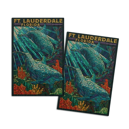 

Ft. Lauderdale Florida Dolphin Paper Mosaic (4x6 Birch Wood Postcards 2-Pack Stationary Rustic Home Wall Decor)
