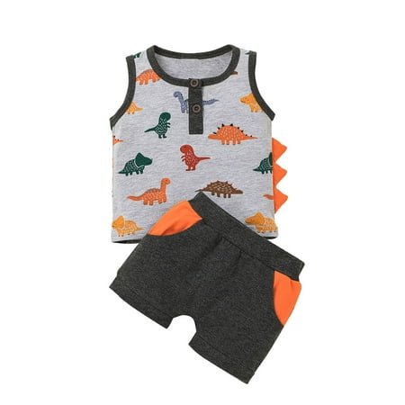 Cartoon Vest Dinosaur Baby Printed Sleeveless Girls Boys Toddler Tops Shorts Outfits Girls Outfits Set Kids And Teens