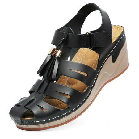 

Wedge Sandals for Women Fisherman Sandals Cute Tassels Comfy Massage Summer Platform Gladiator Shoes Black 7.5