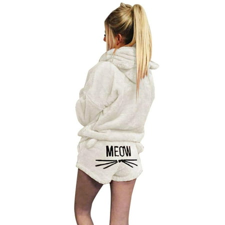 Women Plush Pajamas Set Thick Hoodie Long Tops+Embroidery Shorts Sleepwear Homewear XL 15