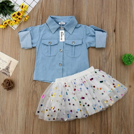 New Summer Baby Girls Kids Outfits Long Sleeve Shirt+Skirts Princess Party Dress Clothes