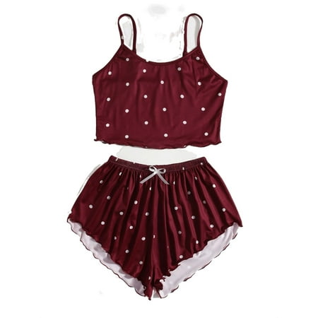 Womens Pajama Sets Lettuce Trim Spaghetti Strap Sleepwear Maroon M