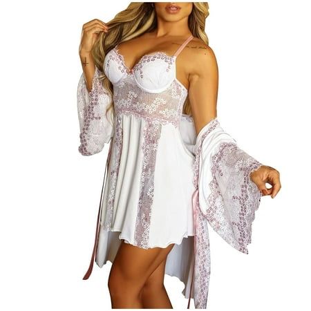 

OVTICZA Womens White Lingerie Lace Full Slip with Robe Babydoll Mesh Chemise Teddy Nightgown XL
