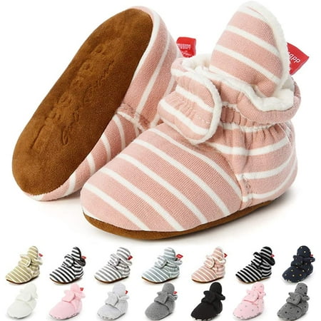 QWZNDZGR Newborn Baby Girls Cotton Booties Infant Boys Slippers Stay on Sock Soft Shoes Non Skid Ankle Boots with Grippers Winter Warm First Walkers Crib Shoes