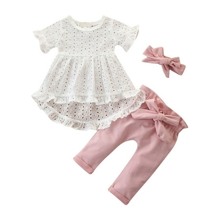 DNDKILG Infant Baby Toddler Girls 3 Piece Clothes Set Short Sleeve Irregular T Shirts and Pants Set Outfits Hollow Out Summer with Headband White 0-2Y 80
DNDKILG Infant Baby Toddler Girls 3 Piece Clothes Set Short Sleeve Irregular T Shirts and Pants Set Outfits Hollow Out Summer with Headband White 0-2Y 80