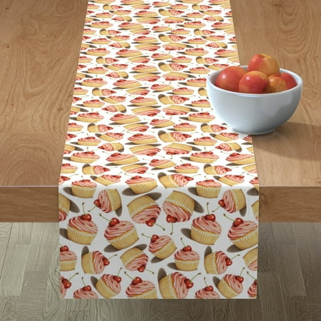 Table Runner Pink Cupcakes Cake Retro Illustration Watercolor Pink Cotton Sateen