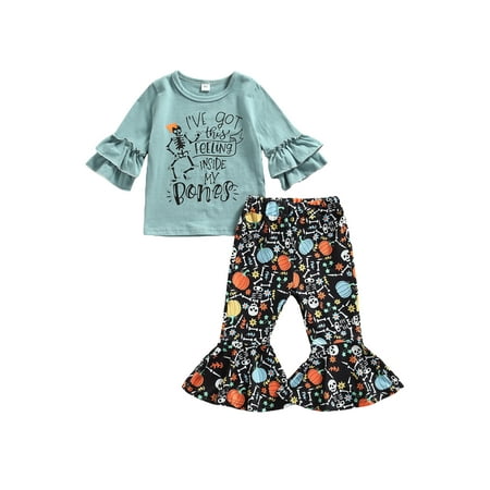Canis 2PCS Toddler Infant Kids Baby Girls Long Sleeve Tops and Skeleton Print Trumpet Pants Set