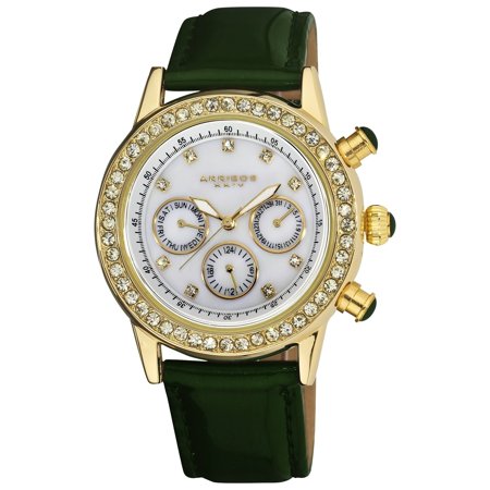 Akribos XXIV Ladies Sparkling Crystal Date Green Leather Strap Watch