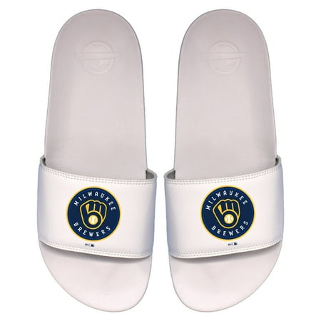 Men s ISlide White Milwaukee Brewers Primary Logo Motto Slide Sandals