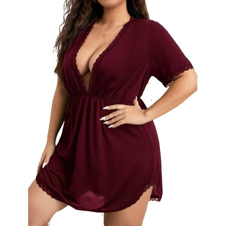 

Sexy Deep V Neck Nightgowns Short Sleeve Burgundy Plus Size Nightgowns & Sleepshirts (Women s)