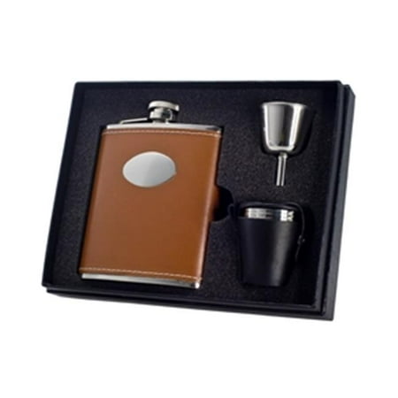 6 oz Brown Leather Engravable Stainless Steel Flask Gift Set