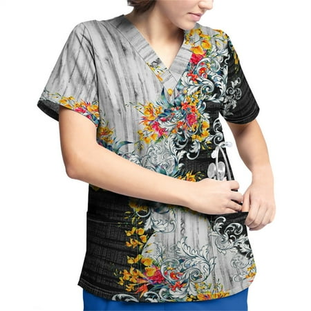 EHTMSAK Women s Stretchy Printed V-Neck Medical Scrub Top Floral with Pocket with Pocket Short Sleeve V-Neck Nurse Tops Printed Working Uniform Blouse Working Tops Black M
EHTMSAK Women s Stretchy Printed V-Neck Medical Scrub Top Floral with Pocket with Pocket Short Sleeve V-Neck Nurse Tops Printed Working Uniform Blouse Working Tops Black M